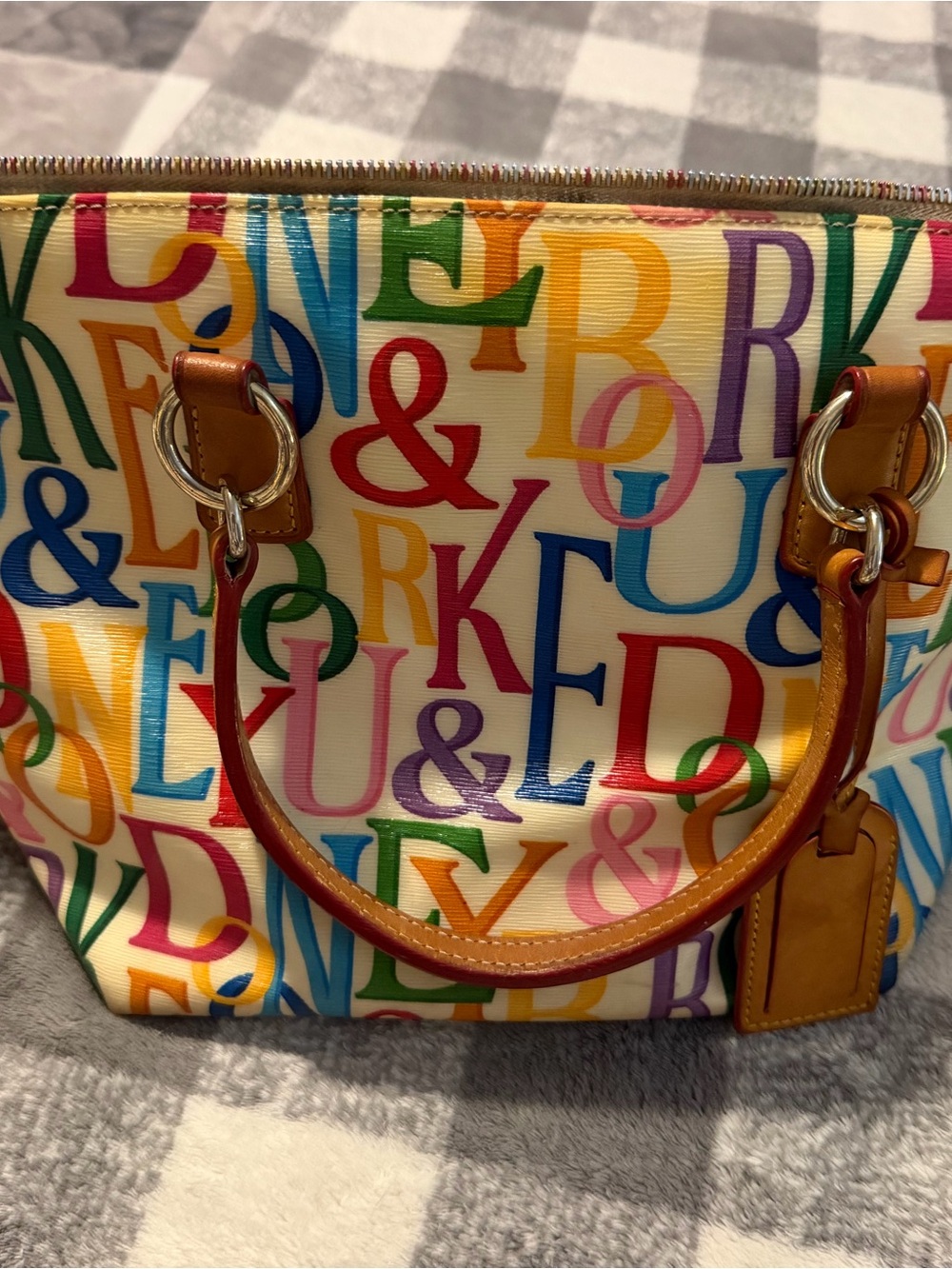 Dooney & Bourke Cream Multicolor Letter-Print Tote with Tan Trim